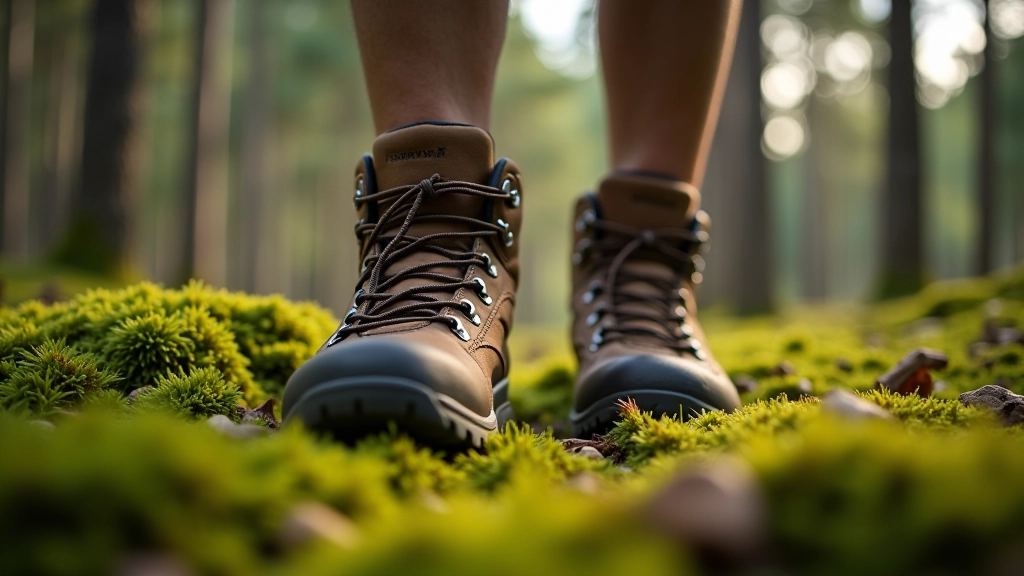 Zbliżenie na parę wygodnych górskich butów trekkingowych stojących na mchu leśnym, naturalne oświetlenie pośród sosen
