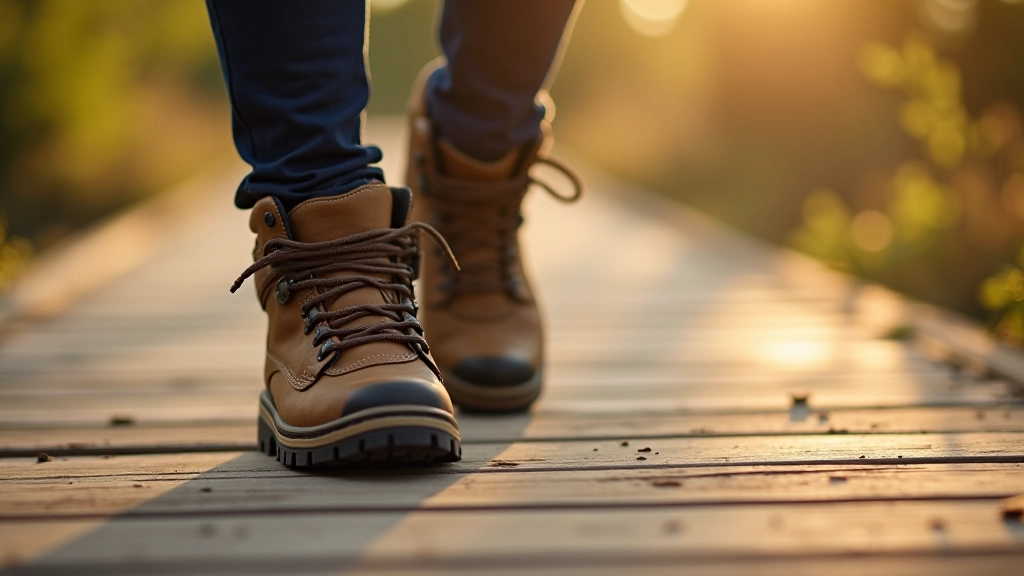 Para wygodnych butów trekkingowych na drewnianym pomoście, zbliżenie na podeszwę i material