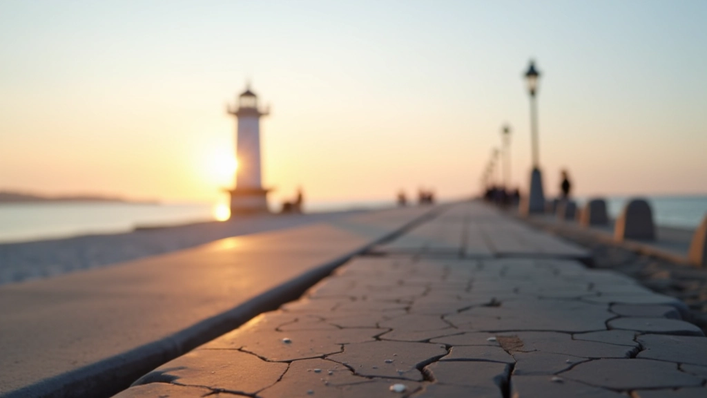 Promenada morska w Kołobrzegu o poranku, latarnia morska widoczna w tle, czyste niebo