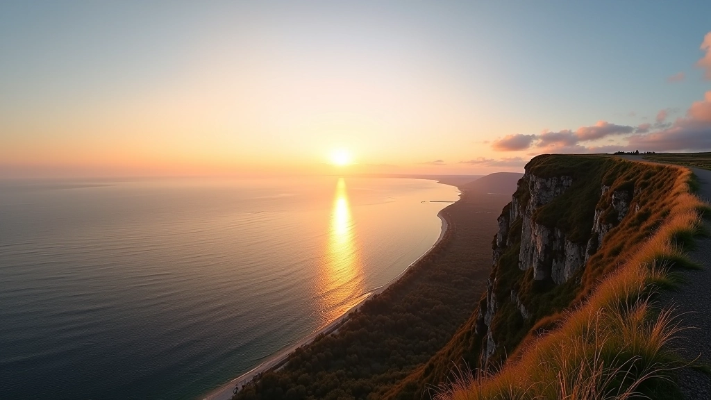 Panoramiczny widok na Morze Bałtyckie z szczytu klifu, rozległy horyzont, chmury na niebie, golden hour, słońce schodzące w tle