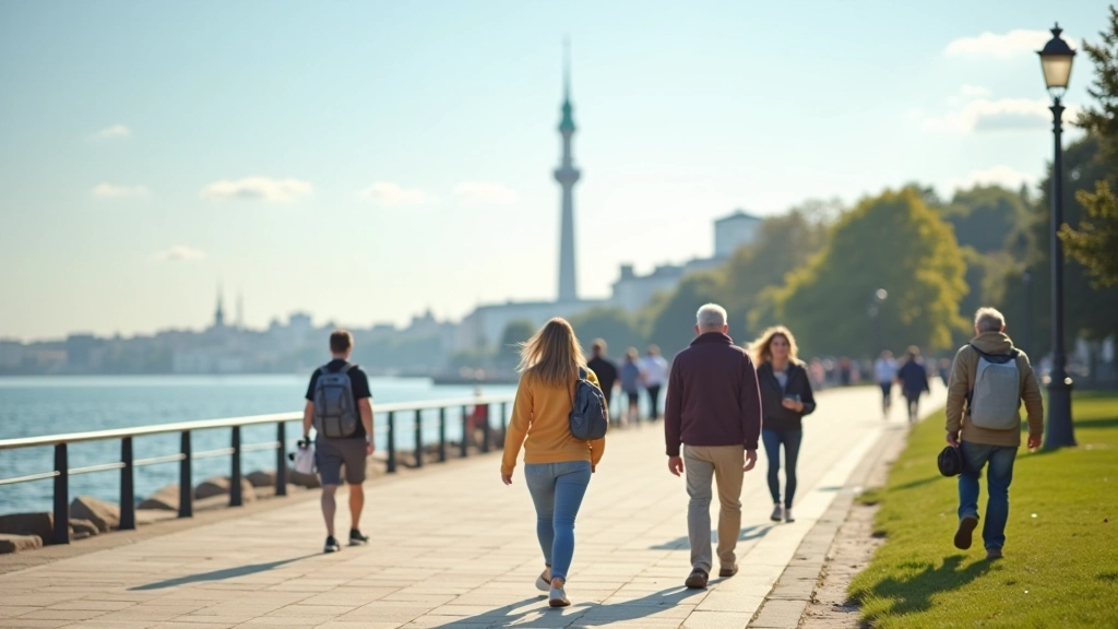 Turyści spacerują po promenadzie, park miejski widoczny w oddali