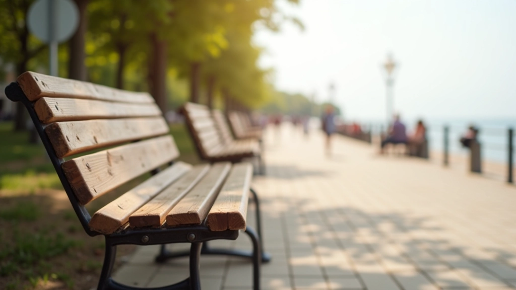 Drewniane ławki wzdłuż nadmorskiej promenady, idealne miejsca do odpoczynku